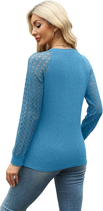 Womens Tops Ladies Tops Lace Long Sleeve Crew Neck Pleated Shirt Long Sleeve Tops Women