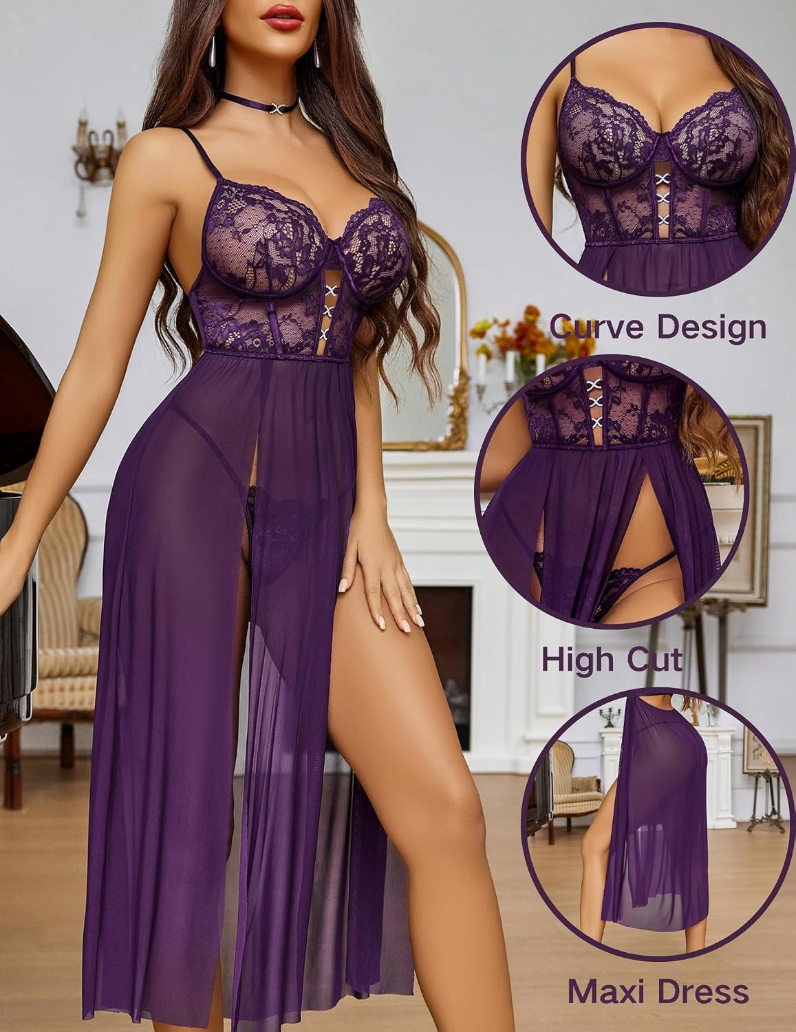 Purple Lace Long Chemise Babydoll detail