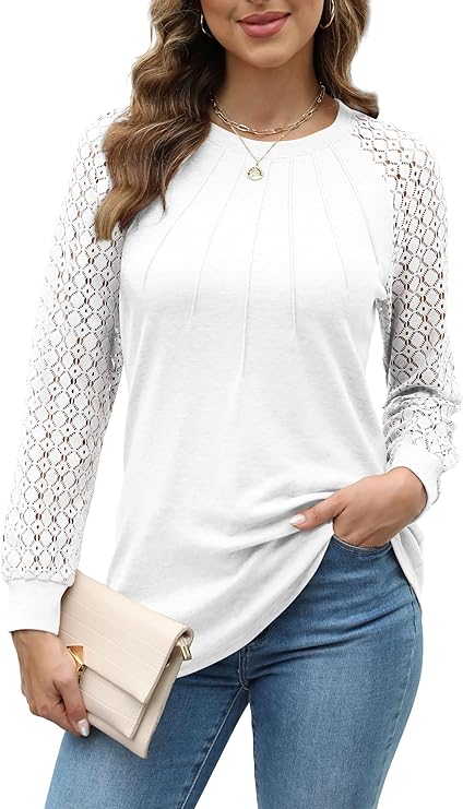 Womens Tops Ladies Tops Lace Long Sleeve Crew Neck Pleated Shirt Long Sleeve Tops Women