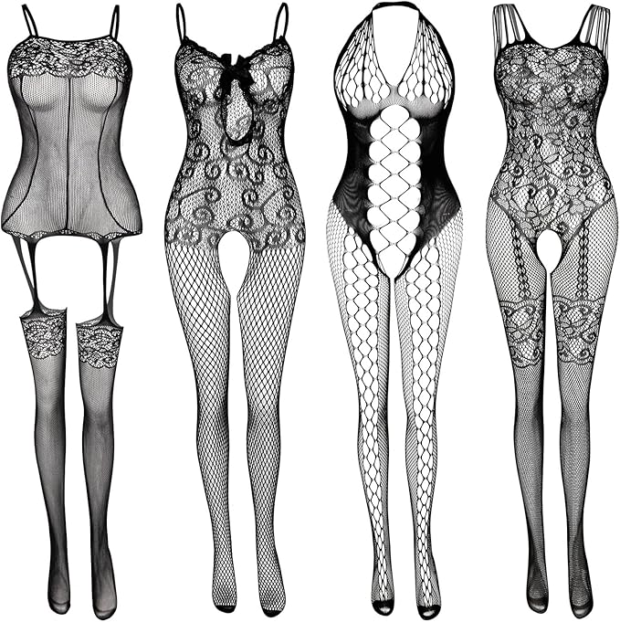 Fishnet Lingerie for Women Fishnet Bodysuit Lace Bodysuits Sexy Babydoll Nightwear (4 Pack)