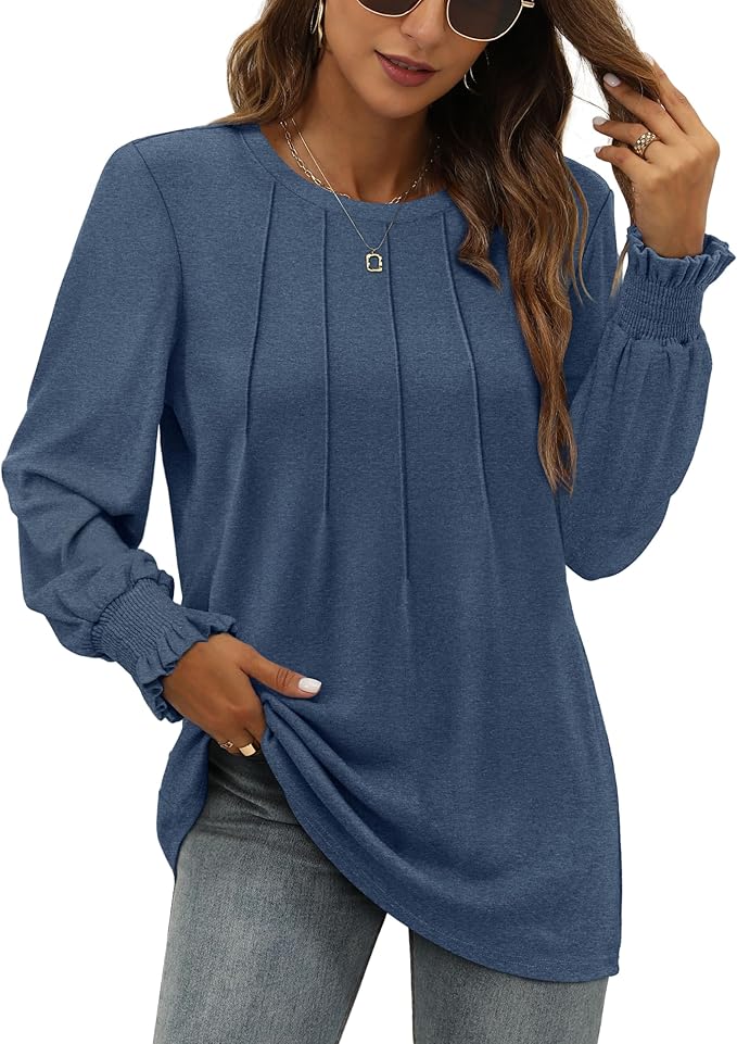 Ladies Jumpers Long Sleeve Tops Womens-Crew Neck Sweatshirt Pleated Tunic Shirt Womens Tops