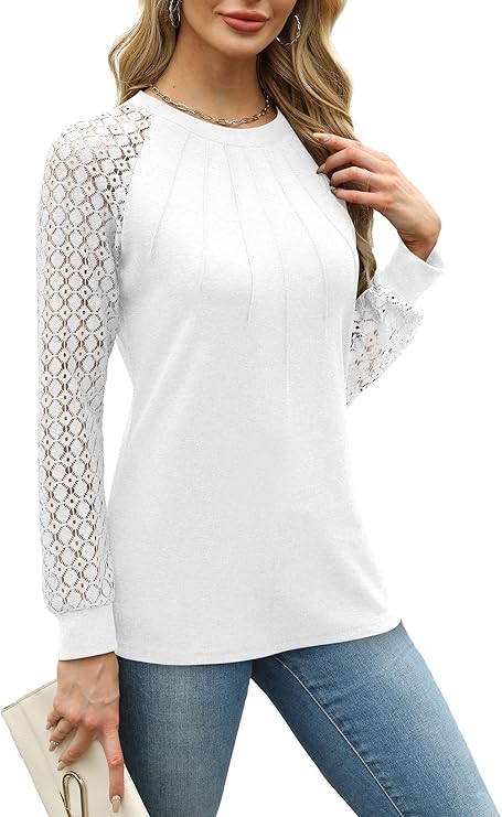 Womens Tops Ladies Tops Lace Long Sleeve Crew Neck Pleated Shirt Long Sleeve Tops Women