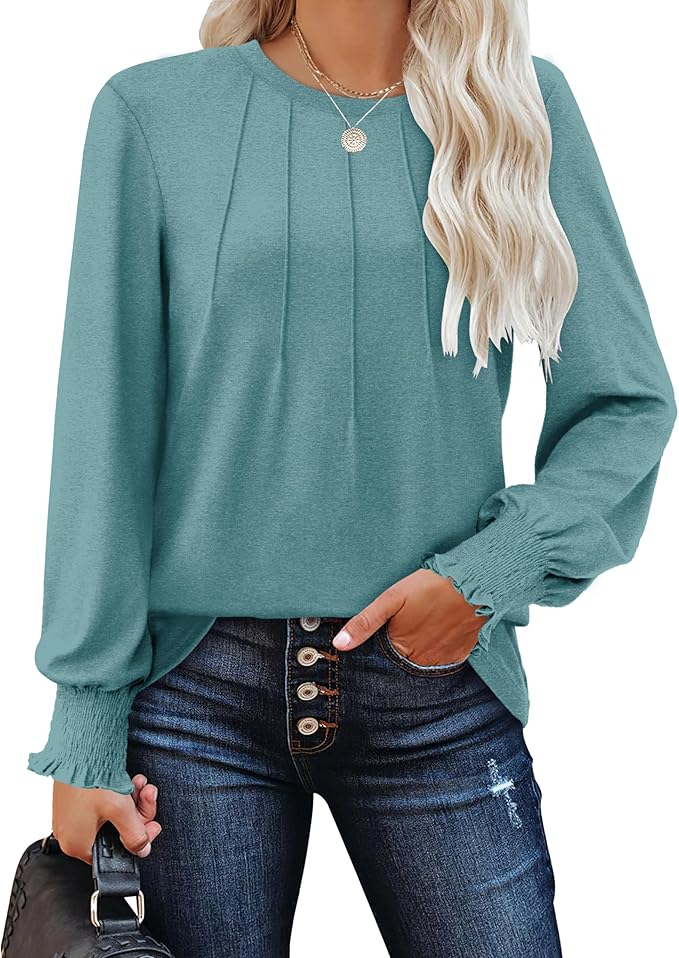 Ladies Jumpers Long Sleeve Tops Womens-Crew Neck Sweatshirt Pleated Tunic Shirt Womens Tops