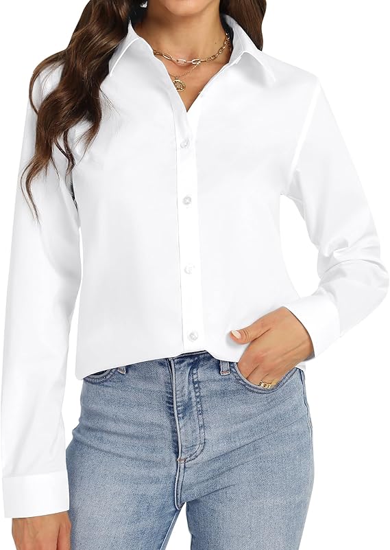 Women's Long Sleeve Dress Shirt Stretch Solid Regular Fit Button Down Shirt Wrinkle-Free Work Office Business Casual Ladies Blouse