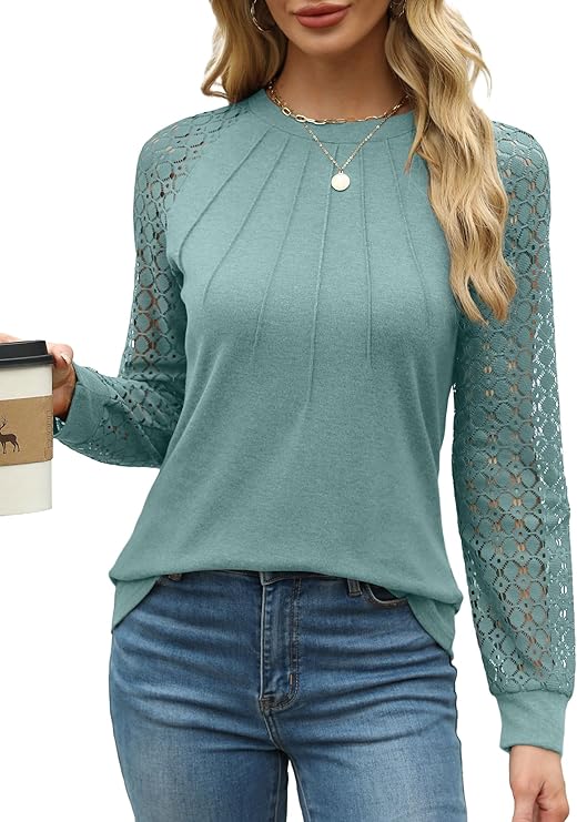 Womens Tops Ladies Tops Lace Long Sleeve Crew Neck Pleated Shirt Long Sleeve Tops Women