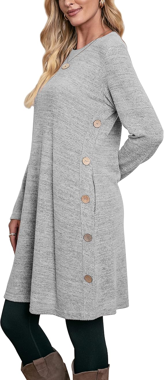 Jumper Dress for Women Long Sleeve Dress Ladies Button Tunic Dress with Pockets