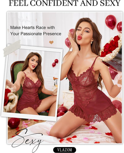 Lace mesh chemise babydoll with G-string in Wine Red