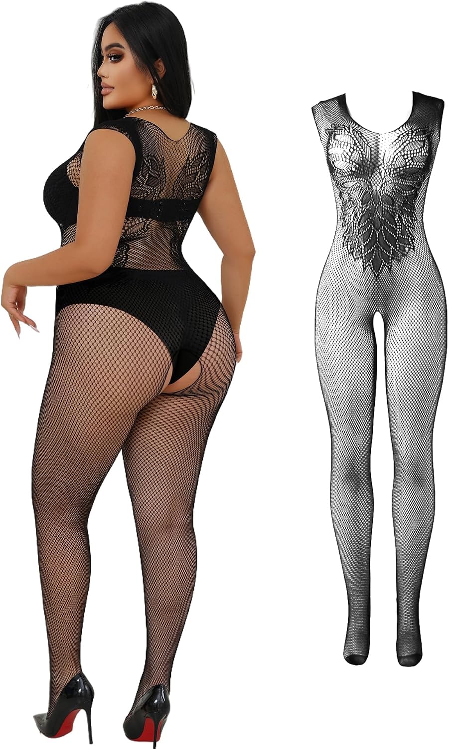Back Wings Black Fishnet Bodystocking