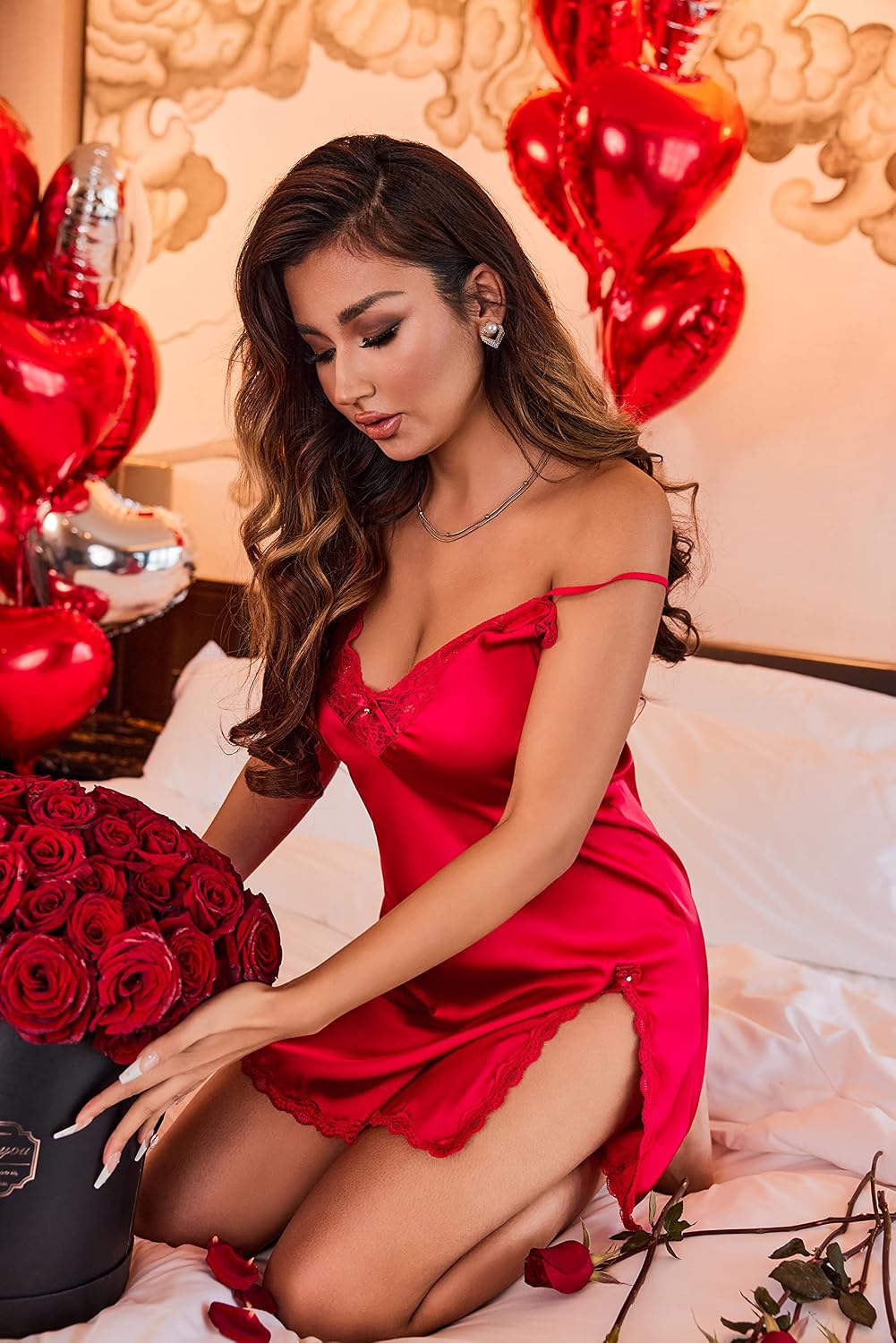 Red + Black Satin Nightdress detail