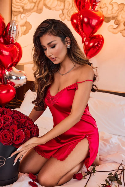 Red + Black Satin Nightdress detail
