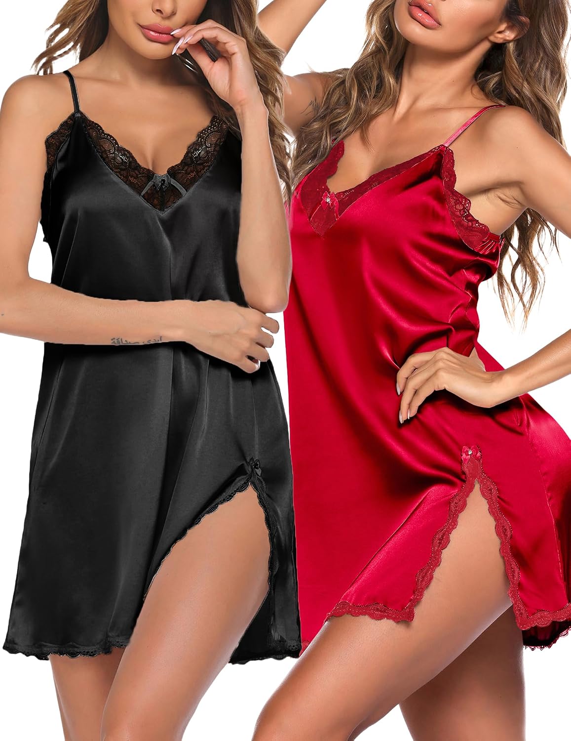 Red + Black Satin Nightdress 2-Pack
