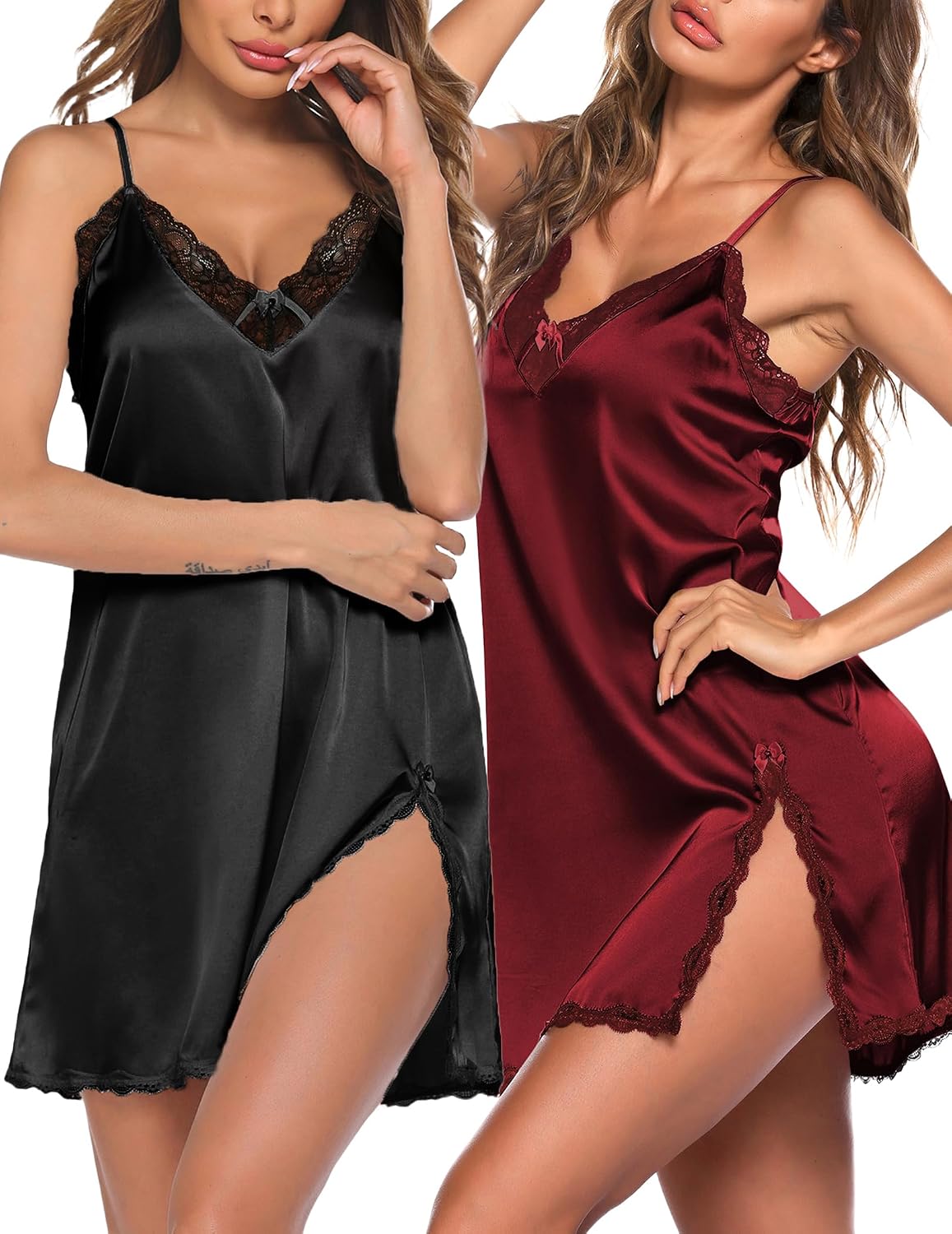 Black + Wine Red Satin Nightdress 2-Pack
