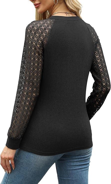 Womens Tops Ladies Tops Lace Long Sleeve Crew Neck Pleated Shirt Long Sleeve Tops Women