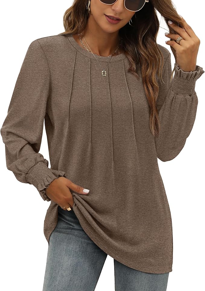 Ladies Jumpers Long Sleeve Tops Womens-Crew Neck Sweatshirt Pleated Tunic Shirt Womens Tops