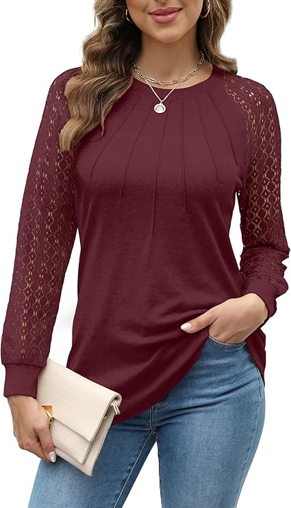 Womens Tops Ladies Tops Lace Long Sleeve Crew Neck Pleated Shirt Long Sleeve Tops Women