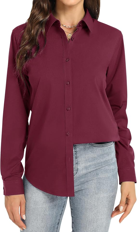 Women's Long Sleeve Dress Shirt Stretch Solid Regular Fit Button Down Shirt Wrinkle-Free Work Office Business Casual Ladies Blouse