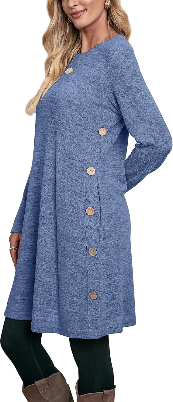 Jumper Dress for Women Long Sleeve Dress Ladies Button Tunic Dress with Pockets