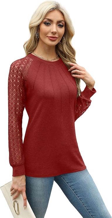 Womens Tops Ladies Tops Lace Long Sleeve Crew Neck Pleated Shirt Long Sleeve Tops Women