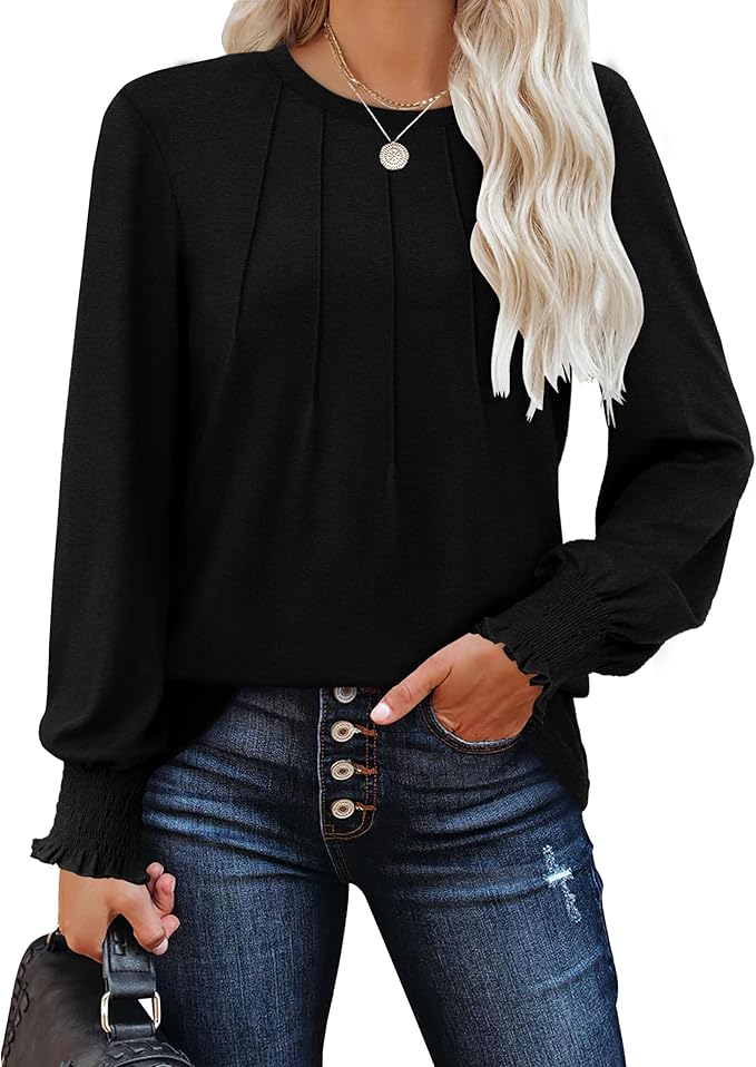 Ladies Jumpers Long Sleeve Tops Womens-Crew Neck Sweatshirt Pleated Tunic Shirt Womens Tops