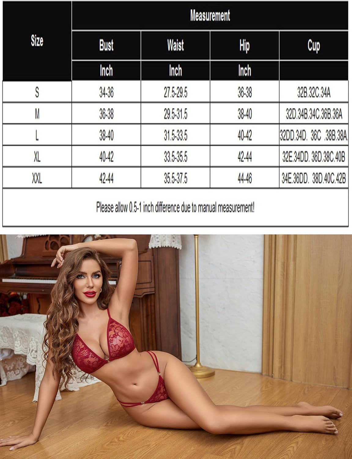 Lace Bra & Thong Set size chart