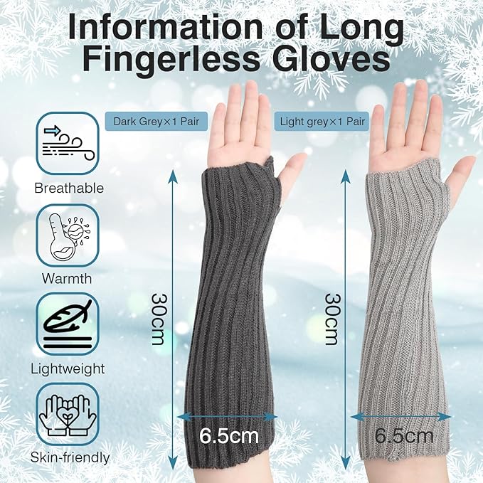 2 Pairs Long Arm Warmers & Sleeves, Fashion Arm Warmers with Thumb Hole for Women, Men