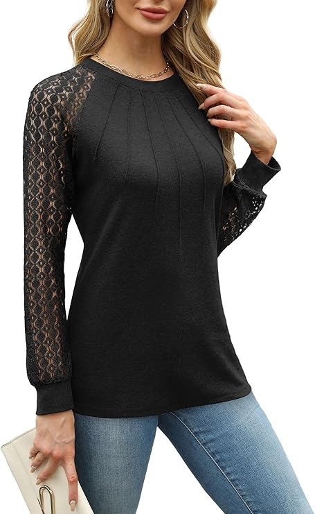 Womens Tops Ladies Tops Lace Long Sleeve Crew Neck Pleated Shirt Long Sleeve Tops Women