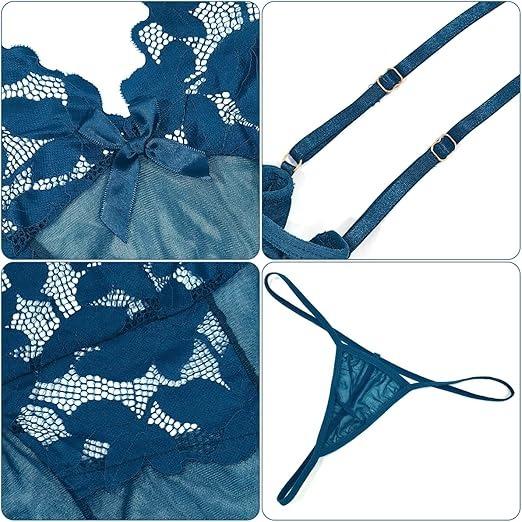 Womens Mesh Floral Lingerie Nightwear 2 Pieces, Lace Spaghetti Strap Nightdress Chemises with G-String for Women UK, Ladies Sheer Bow Tie Negligees V Neck Babydoll Nightgown