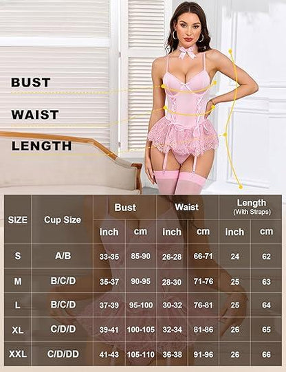 Laven & Ivory Black Lace Corset Babydoll Set with Choker & Stockings