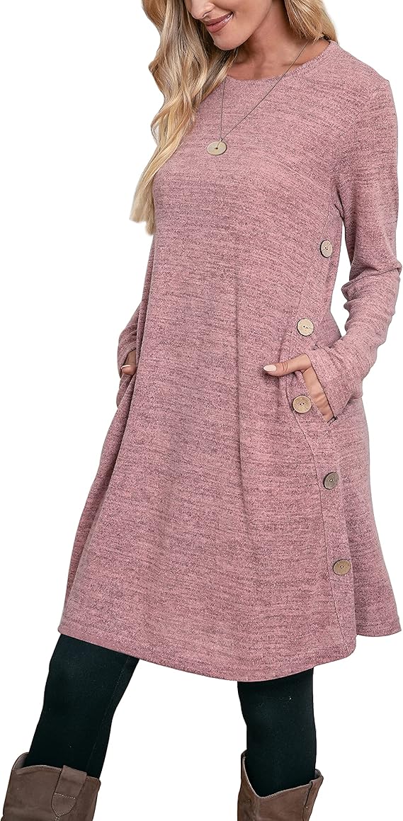 Jumper Dress for Women Long Sleeve Dress Ladies Button Tunic Dress with Pockets