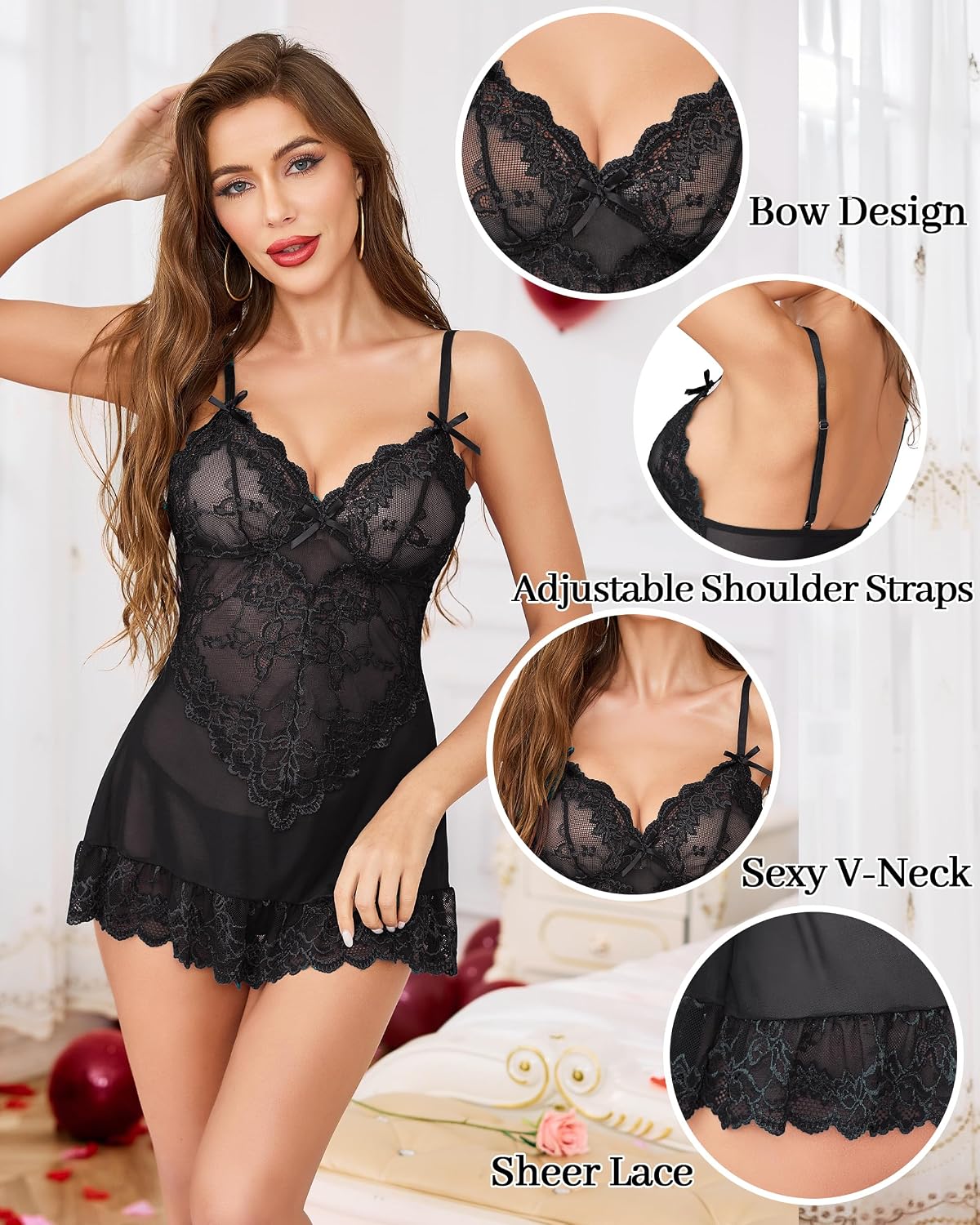 Lace mesh chemise babydoll with G-string in Black
