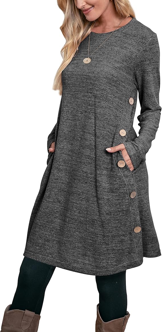 Jumper Dress for Women Long Sleeve Dress Ladies Button Tunic Dress with Pockets