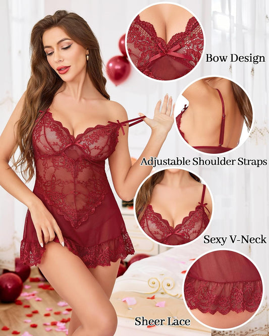 Lace mesh chemise babydoll with G-string in Wine Red