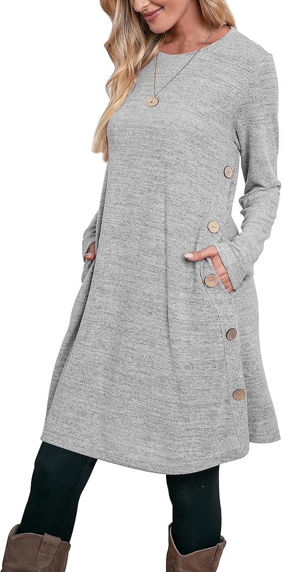 Jumper Dress for Women Long Sleeve Dress Ladies Button Tunic Dress with Pockets