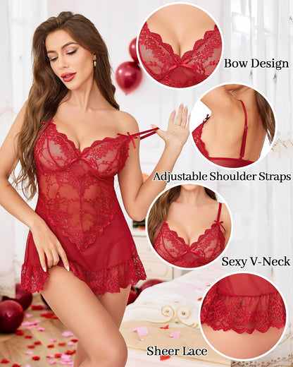 Lace mesh chemise babydoll with G-string in Red