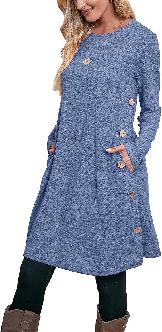 Jumper Dress for Women Long Sleeve Dress Ladies Button Tunic Dress with Pockets