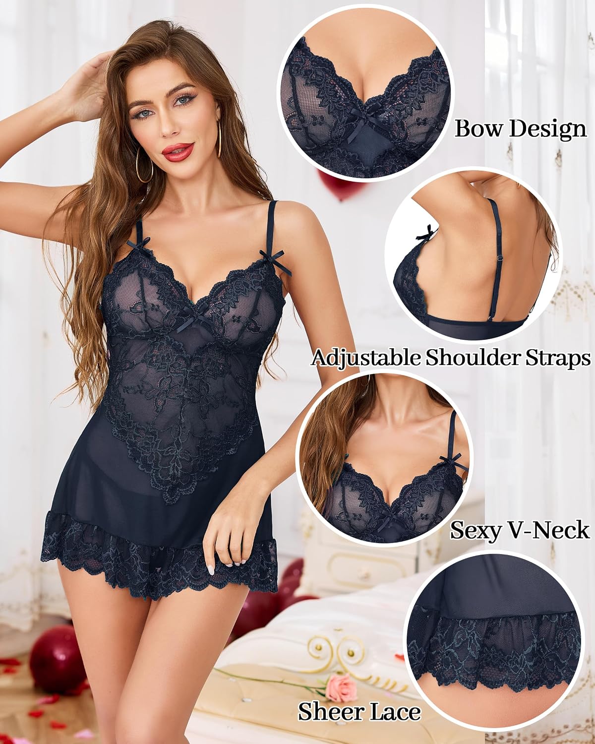 Lace mesh chemise babydoll with G-string in Navy