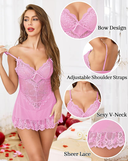 Lace mesh chemise babydoll with G-string in Rose Pink