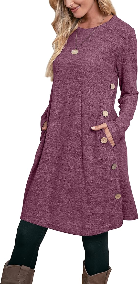 Jumper Dress for Women Long Sleeve Dress Ladies Button Tunic Dress with Pockets