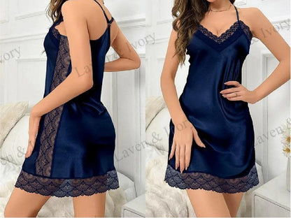 Laven & Ivory Satin Nightdress Lingerie for Women – Lace Slip Summer Sleepwear Gown