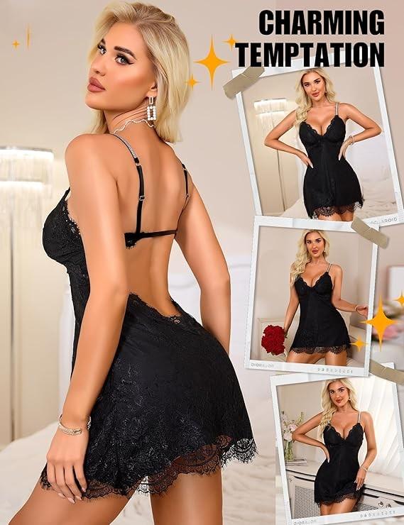 Babydoll Lingerie for Women - Sexy Lace Nightwear Backless Chemise Outfits Negligees - Eyelash Lace Lingerie