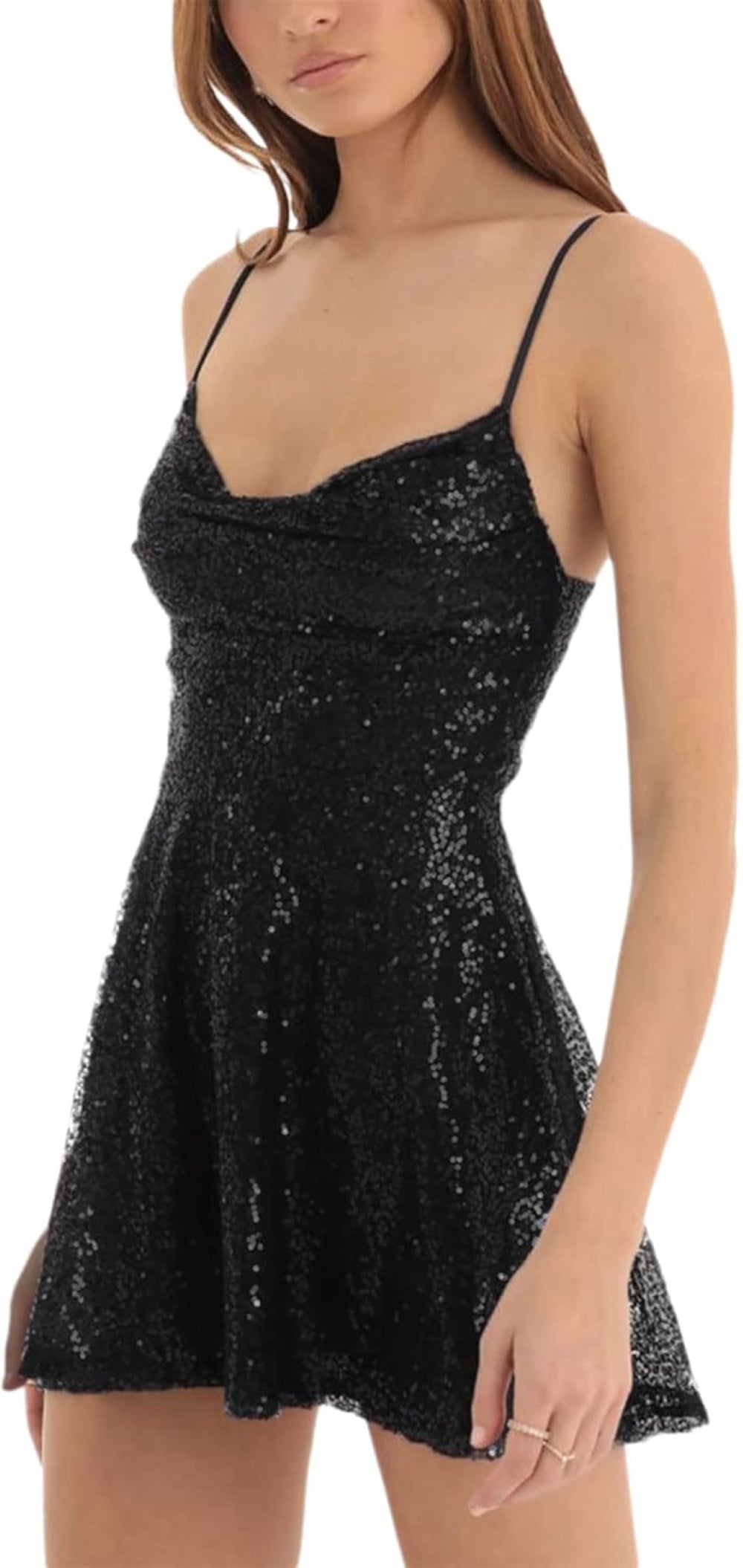 A model wearing a black sequined mini dress with thin shoulder straps.