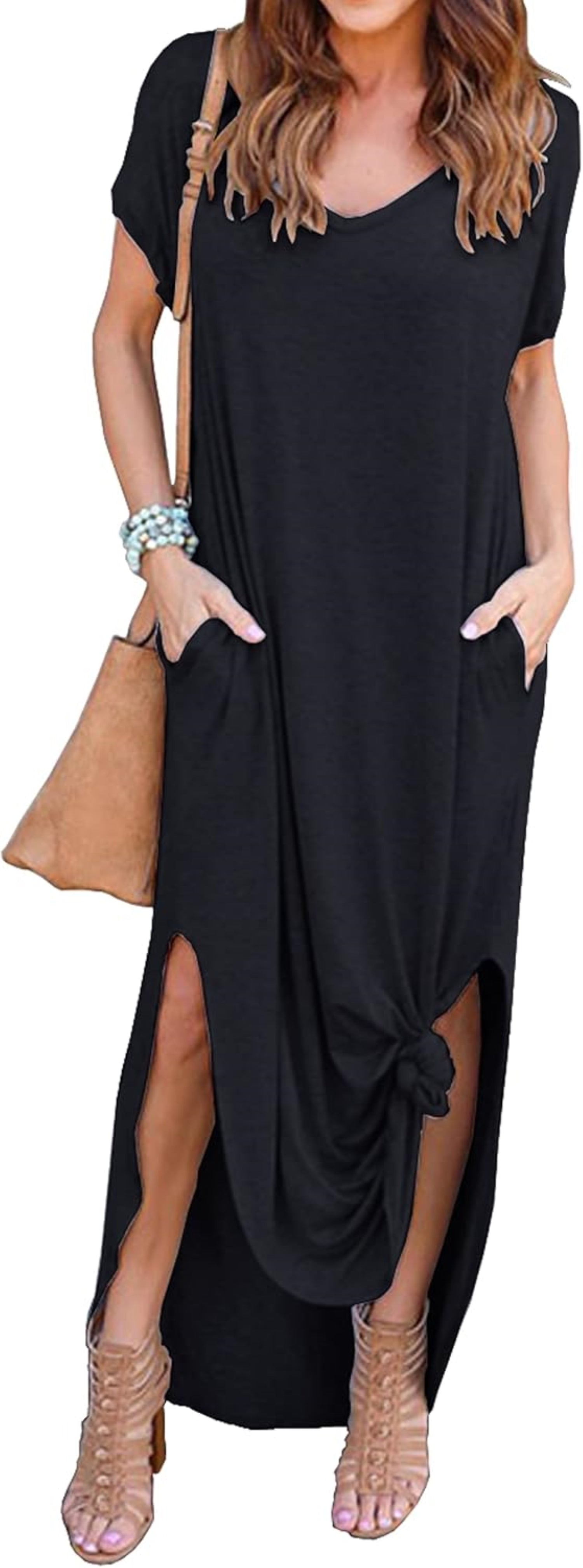 Model wearing a black V-neck, short-sleeved Maxi dress with a side slit.