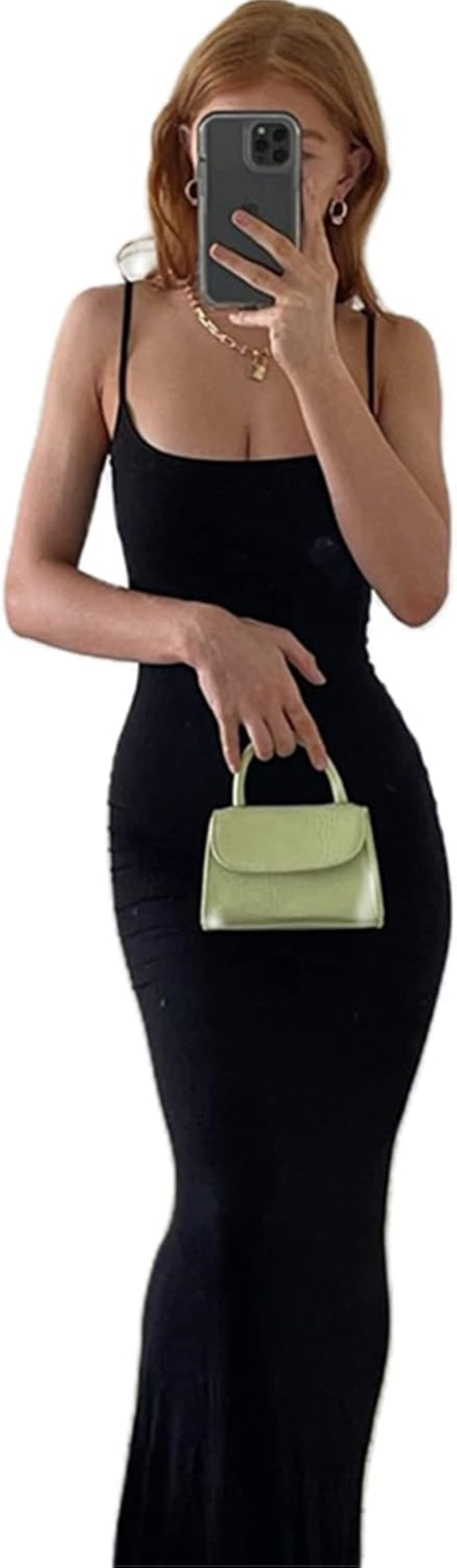 Black sleeveless maxi dress with square neckline and stretchy fabric.