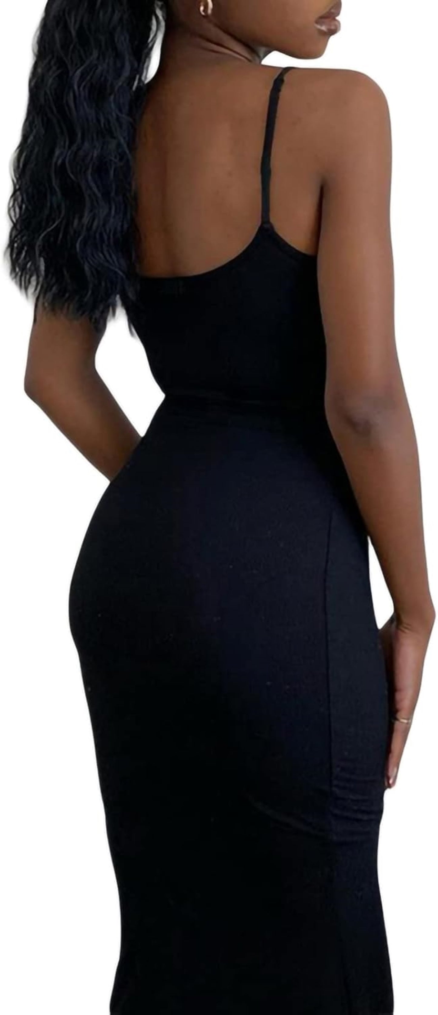 Black sleeveless maxi dress with square neckline and stretchy fabric.