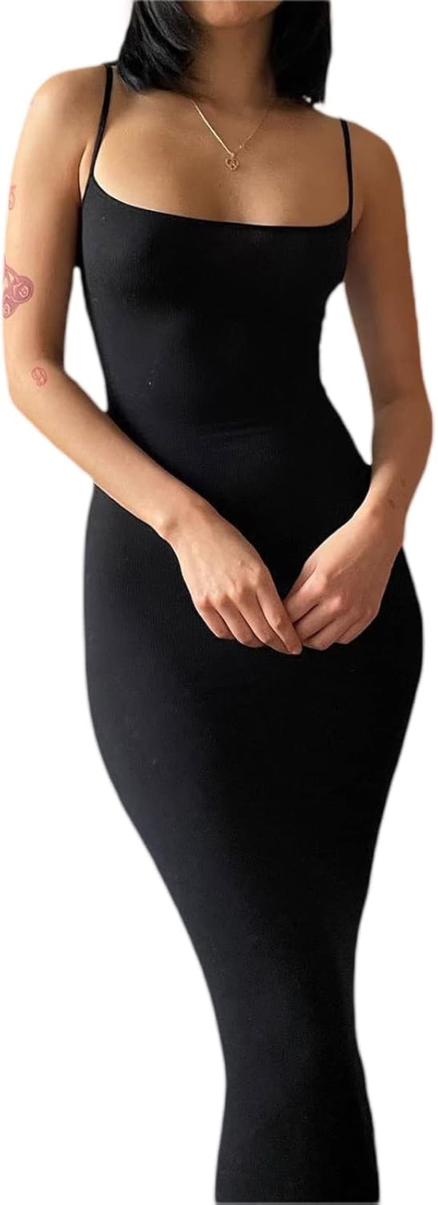 Black sleeveless maxi dress with square neckline and stretchy fabric.
