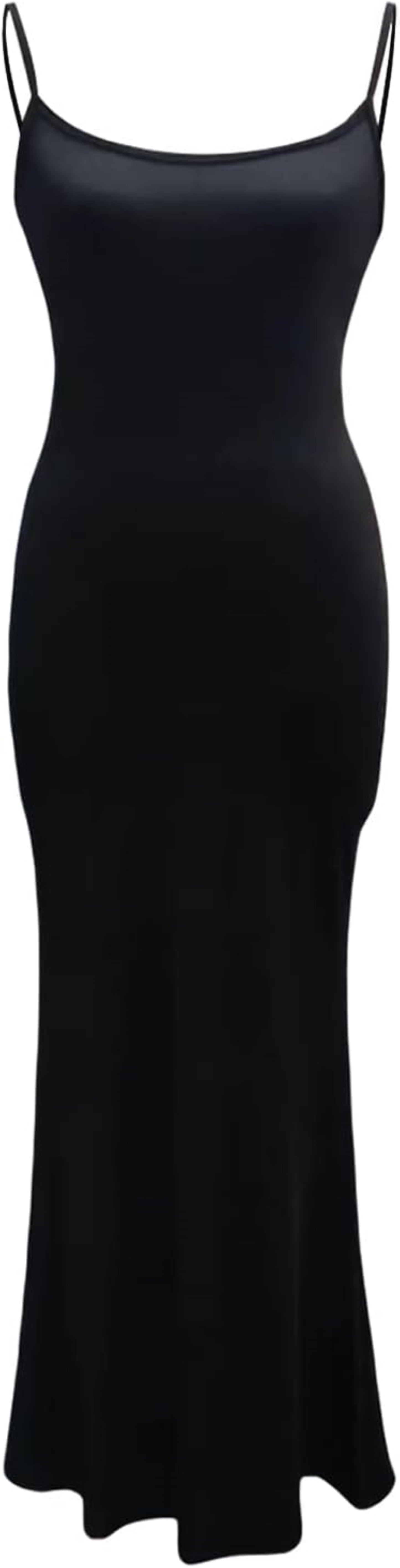 Black sleeveless maxi dress with square neckline and stretchy fabric.