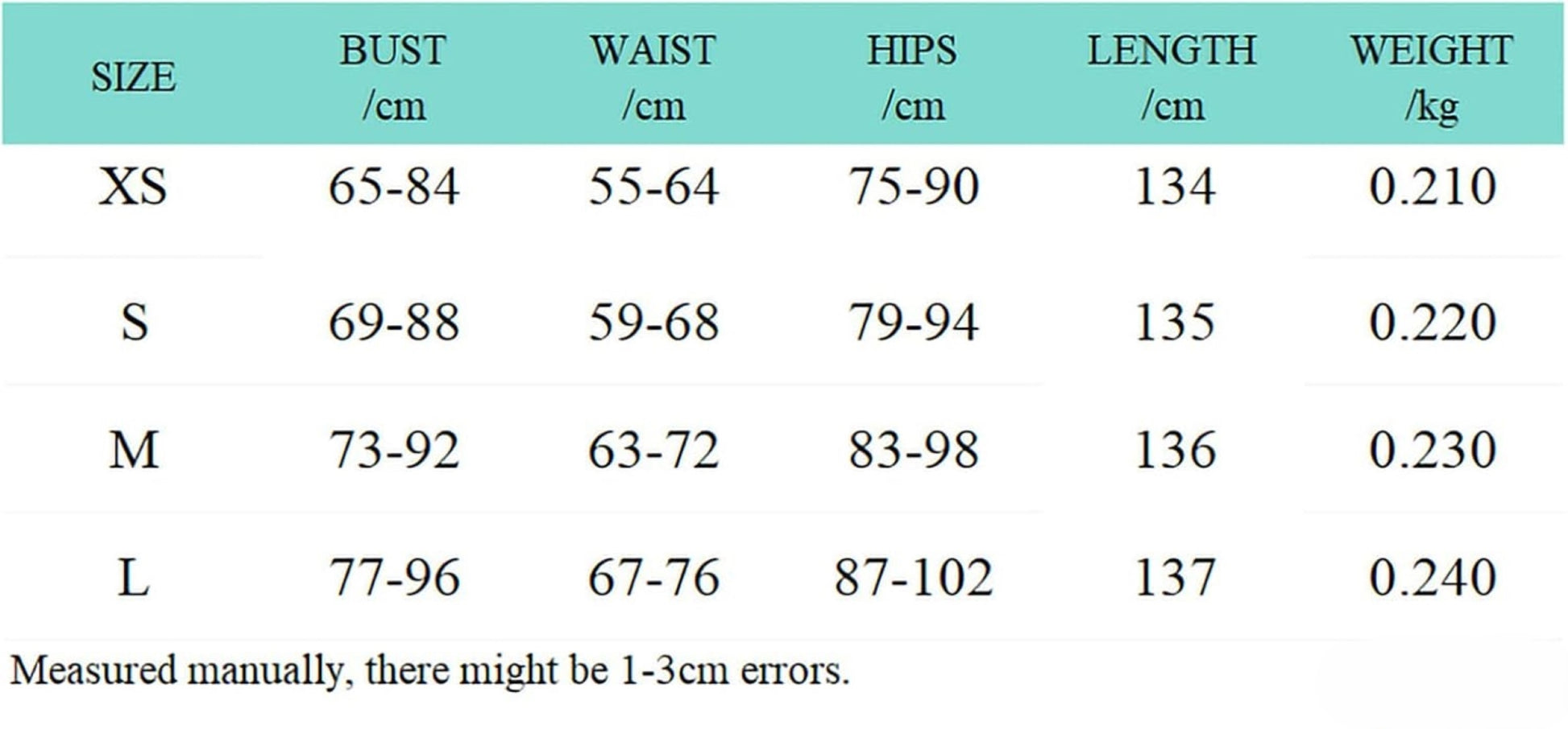 Size chart featuring Sizes XS-L