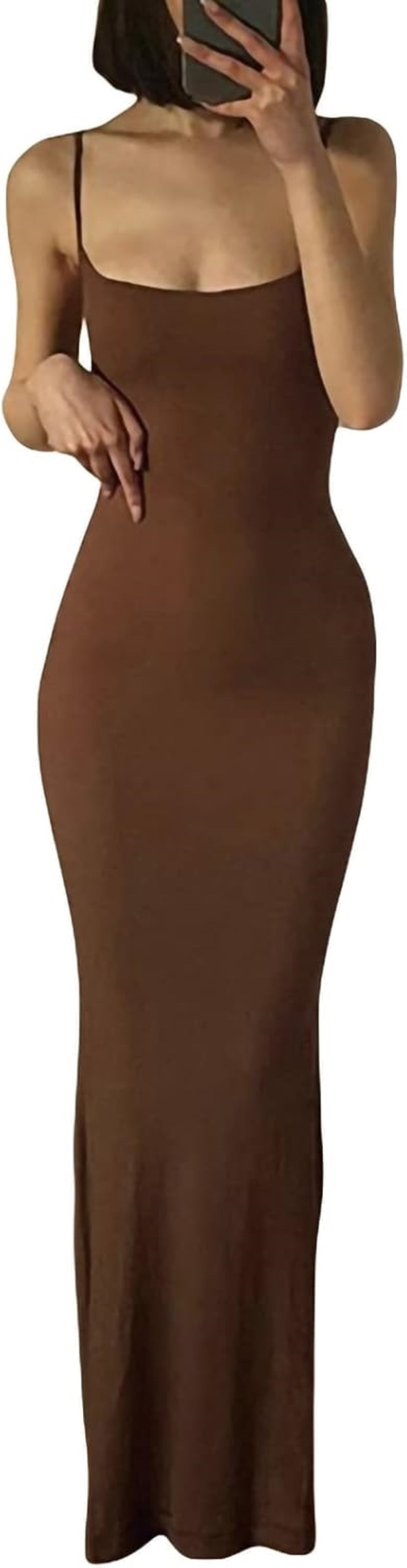 Model wearing Brown sleeveless maxi dress with square neckline and spaghetti straps