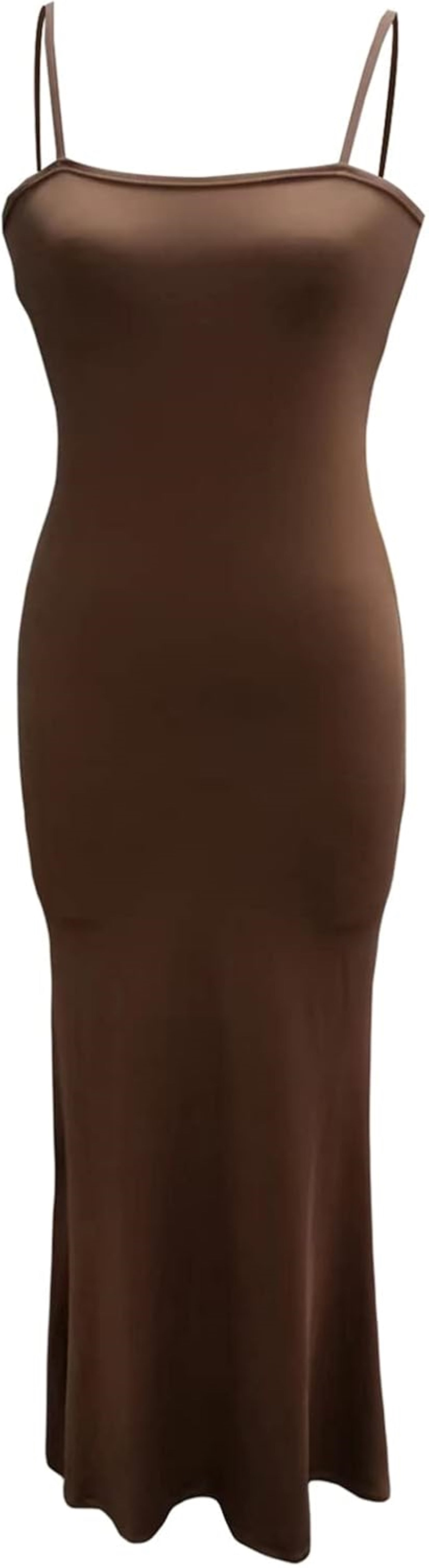 Brown sleeveless maxi dress with square neckline and spaghetti straps