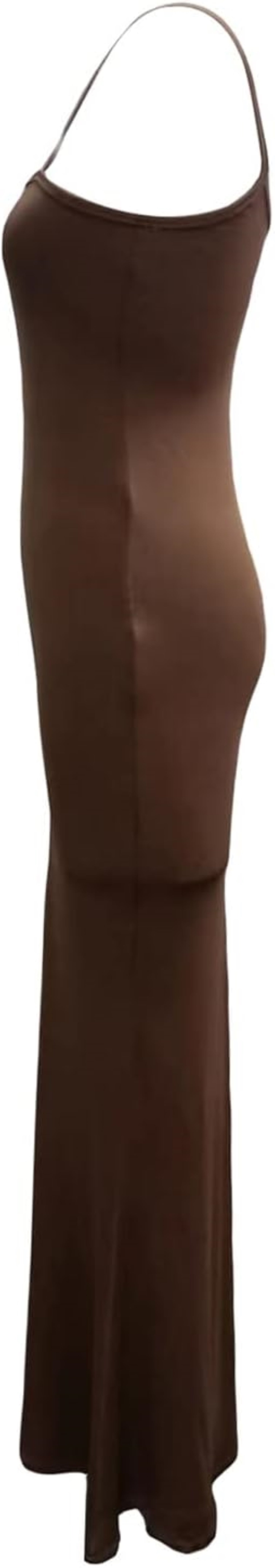 Brown sleeveless maxi dress with square neckline and spaghetti straps